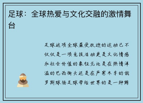 足球：全球热爱与文化交融的激情舞台