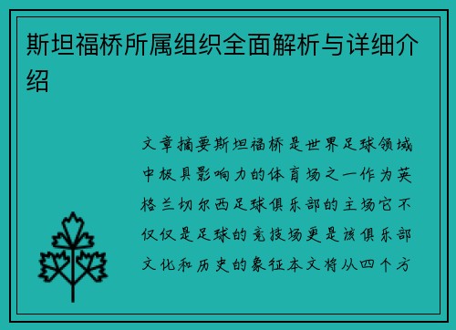 斯坦福桥所属组织全面解析与详细介绍